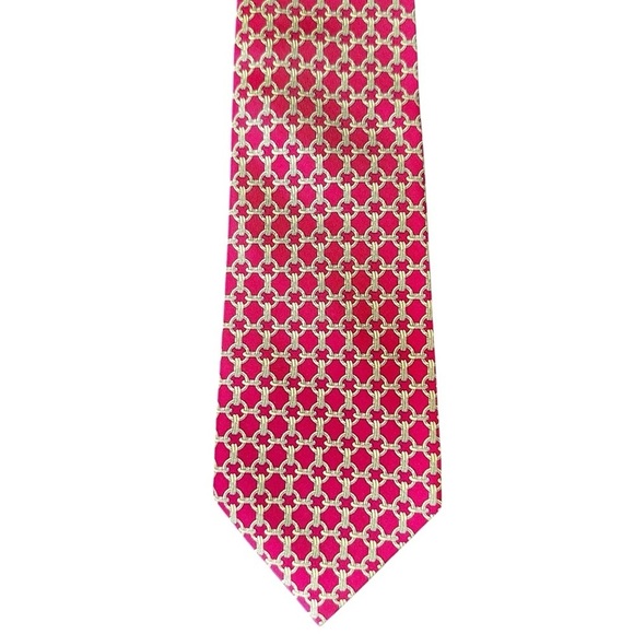 Authentic HERMES 100% Silk Berry Red & Gold Buoy Chain Neck Tie - Picture 5 of 5